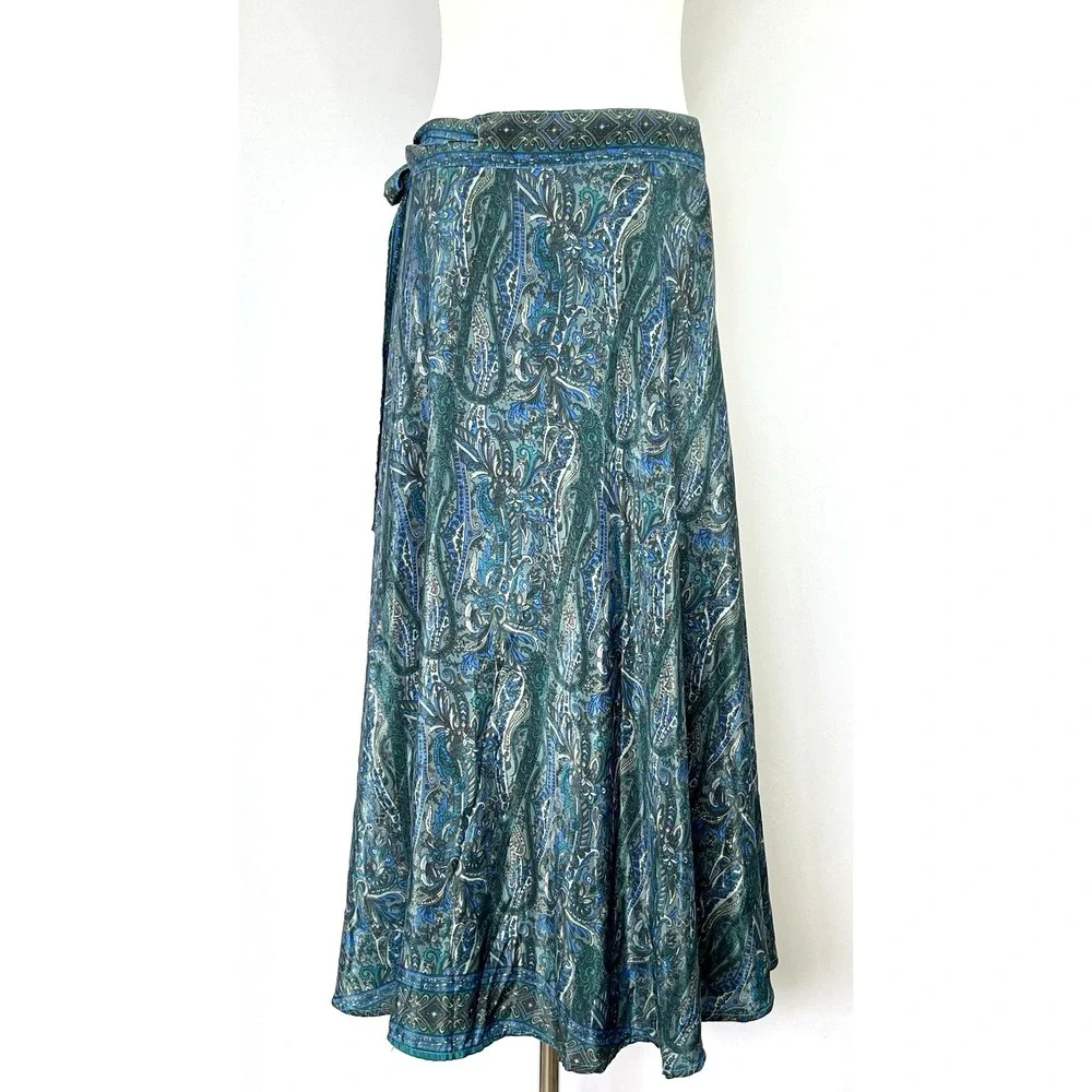 Sari Wrap Maxi Skirt Reversible Layered Art Silk Paisley Boho Festival One Size